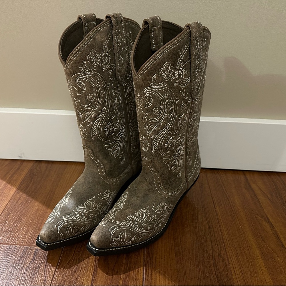 Rockin Country Brown & Cream Leather Cowboy Western Boots Size 6